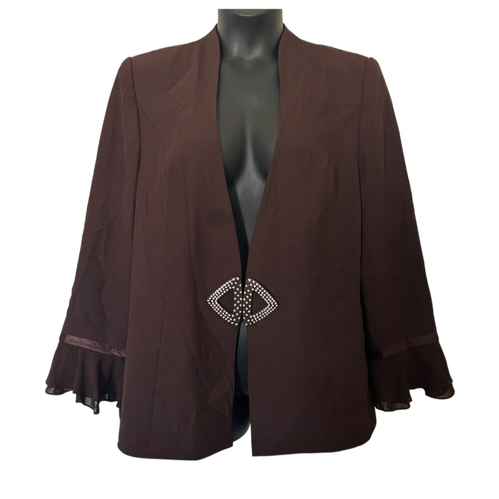 Elegant Brown Open-Front Blazer With Rhinestone Clasp & Flared Sleeves size 18